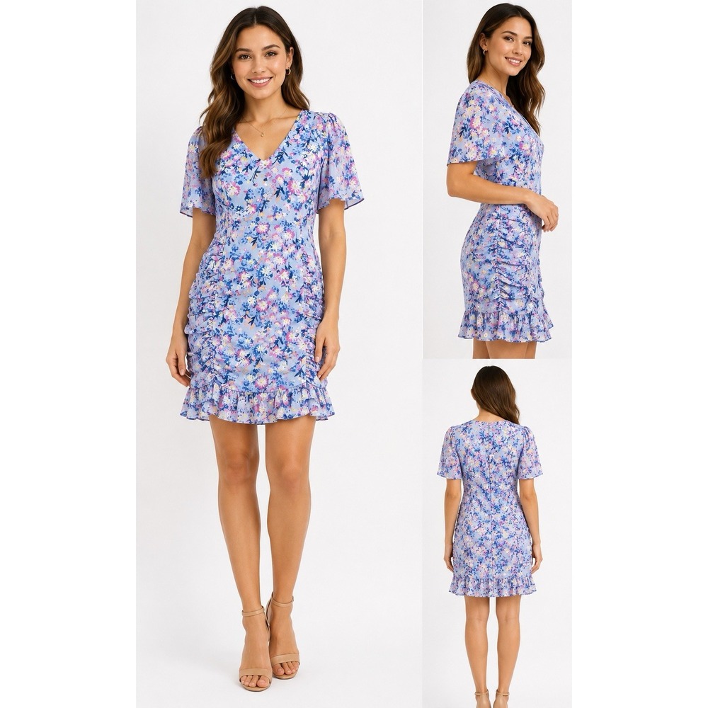 Emma‎ & Michelle Dress Size 10 Floral Ruffle Ruched, Cottagecore, Flutter Sleeve
